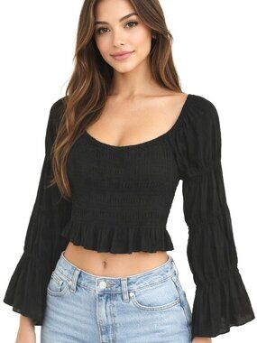 Rag-Doll Off-Shoulder Smocked Peplum Black Top • ENKAY • NWT Medium